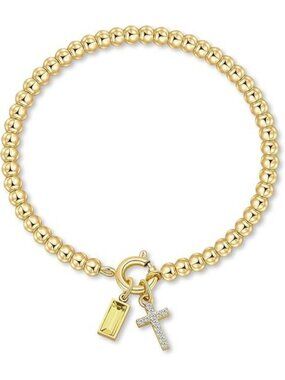 11-November(Citrine) Cross Birthstone Elastic 14K Gold Plated Bead Bracelet